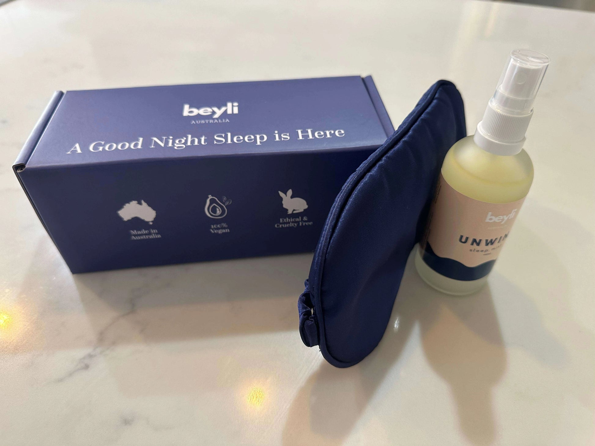 A promotional image for the Better Sleep Mist & Mask Bundle with a calming message