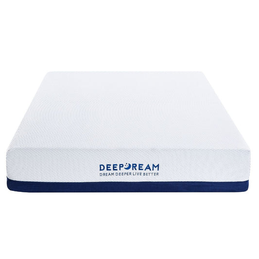 Memory foam mattress with blue and white branding for queen-sized beds