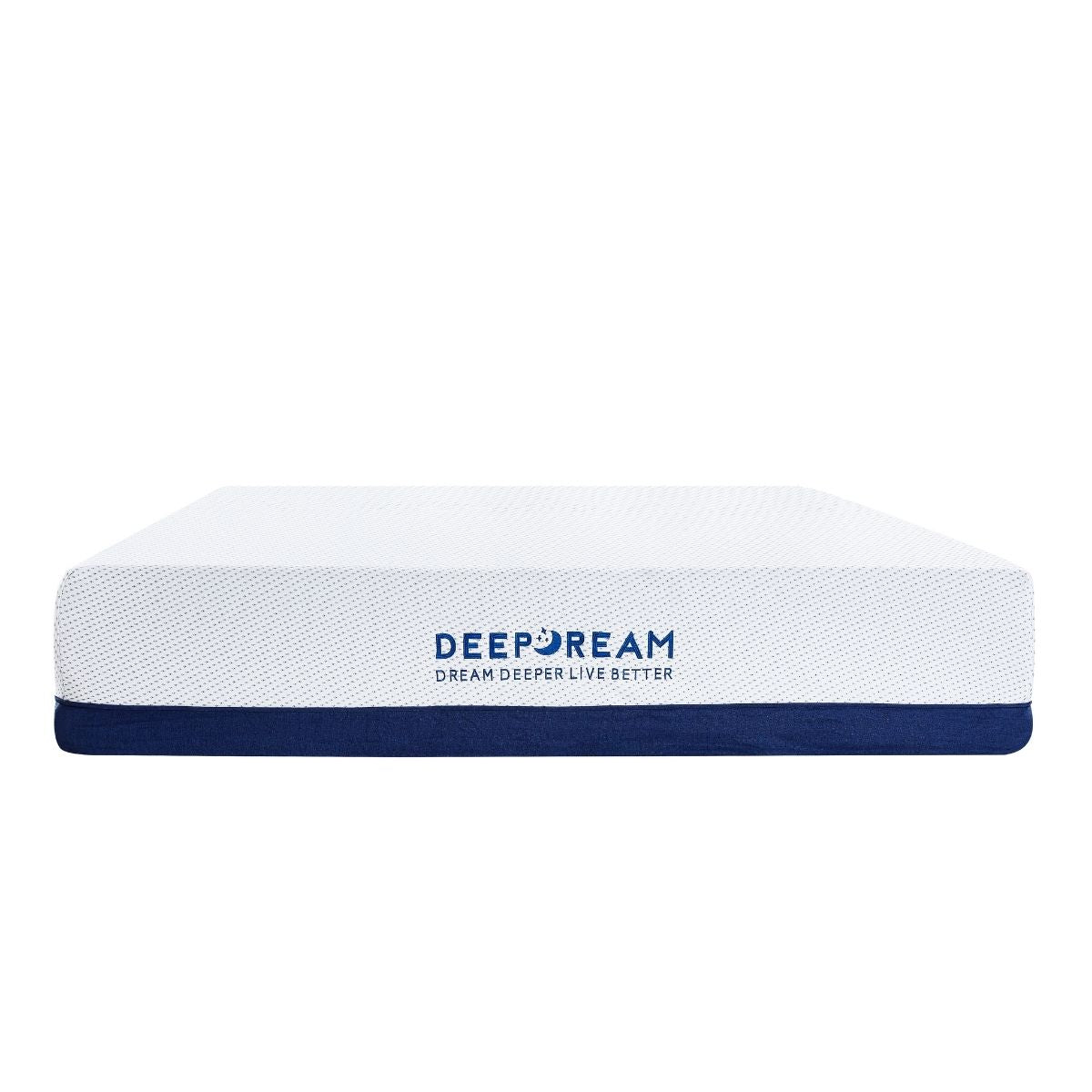 Queen memory foam mattress featuring blue and white brand logo