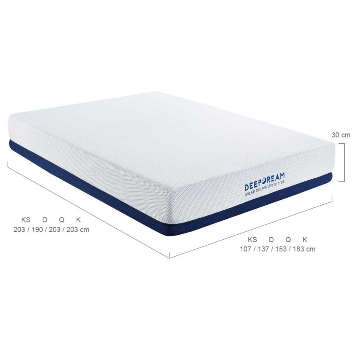 King-sized memory foam mattress with dimensions displayed